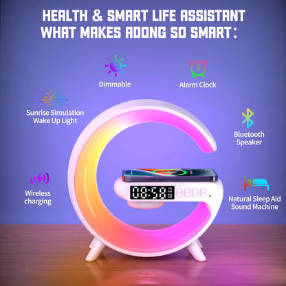 Sunrise Alarm Clock with Wireless Charging & Bluetooth Speaker, Adjustable Brightness Atmosphere Lamp Night Light for Bedside Dorm Office, Kids Adults Desk Table Lamp Gift(White)