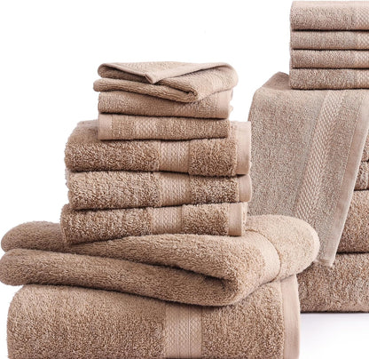 16 Piece Bath Towels - 100% Cotton Towels for Bathroom, Premium Quality Hotel Towels, Highly Absorbent Bathroom Towel Set, Super Soft, 4 Bath Towels, 4 Hand Towels, and 8 Wash Cloths - Taupe