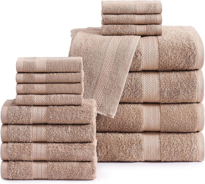 16 Piece Bath Towels - 100% Cotton Towels for Bathroom, Premium Quality Hotel Towels, Highly Absorbent Bathroom Towel Set, Super Soft, 4 Bath Towels, 4 Hand Towels, and 8 Wash Cloths - Taupe