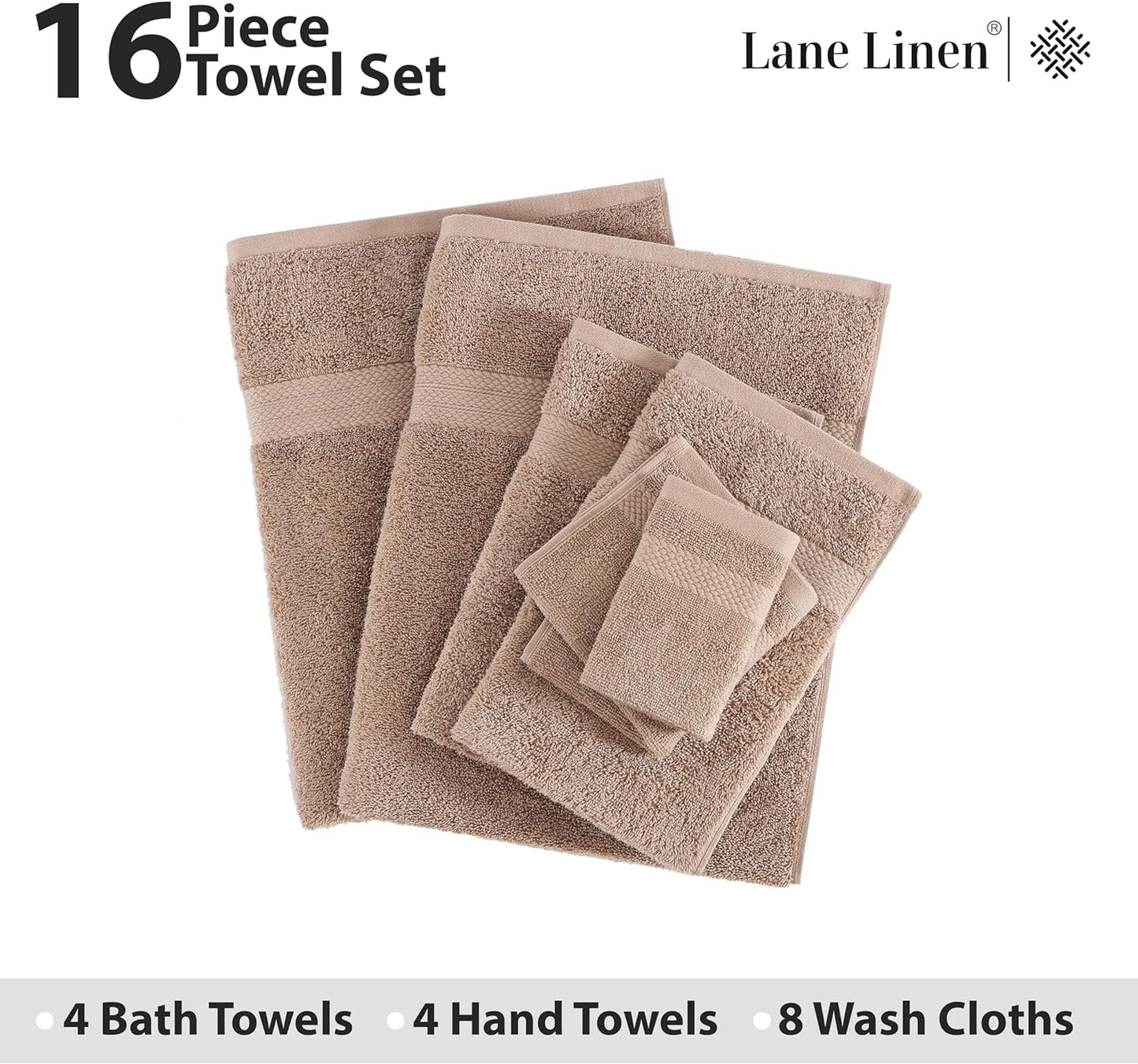 16 Piece Bath Towels - 100% Cotton Towels for Bathroom, Premium Quality Hotel Towels, Highly Absorbent Bathroom Towel Set, Super Soft, 4 Bath Towels, 4 Hand Towels, and 8 Wash Cloths - Taupe