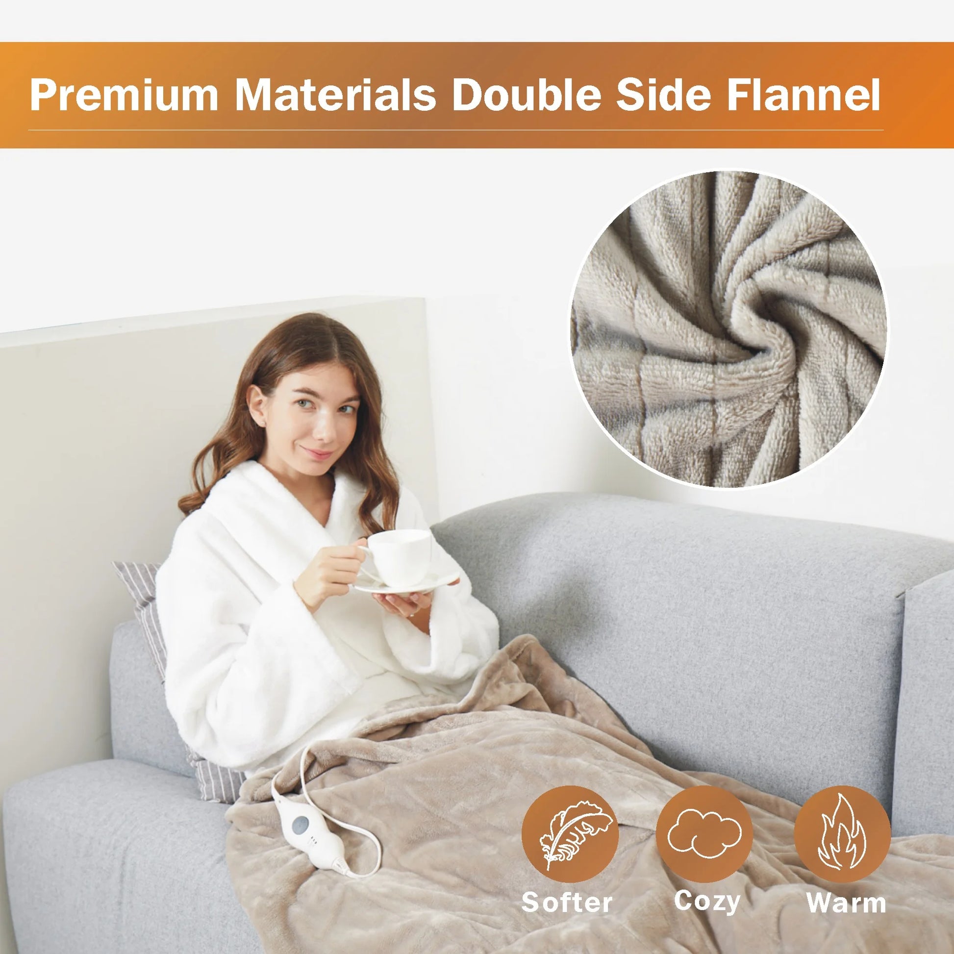 Electric Heated Blanket Throw，50"X60"Double Flannel Fabric Heated Throw Blanket for Home Office, Camel