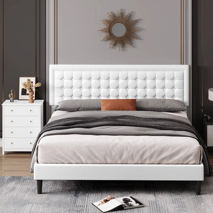 King Bed Frame with PU Leather Upholstered, Modern Platform Bed Frame with Adjustable Headboard, White