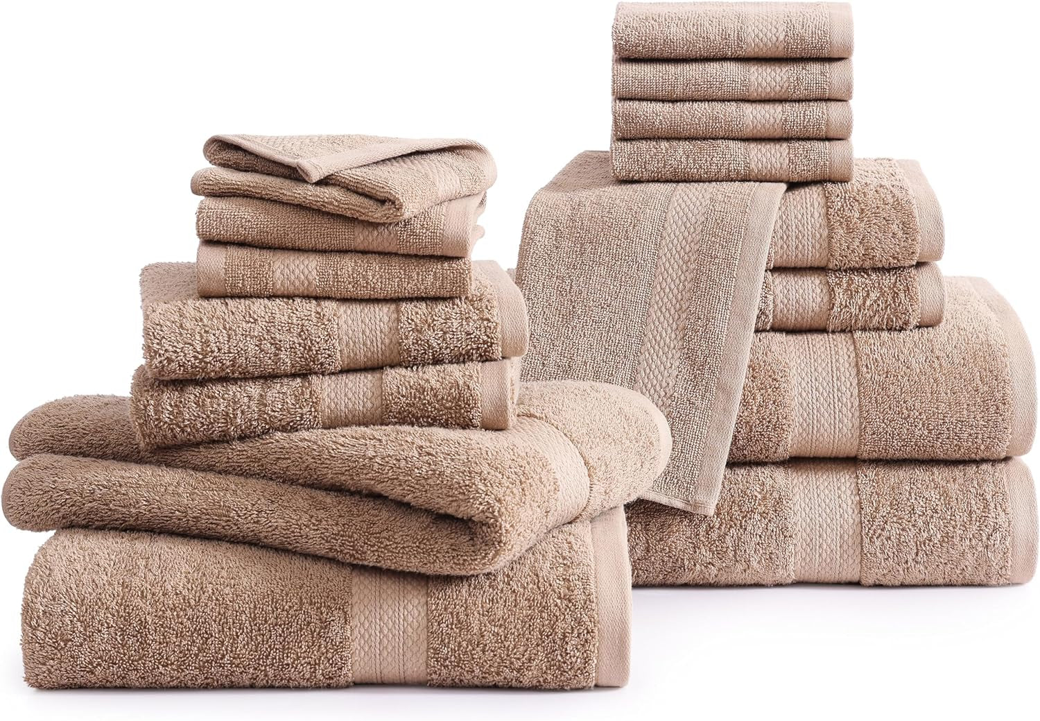 16 Piece Bath Towels - 100% Cotton Towels for Bathroom, Premium Quality Hotel Towels, Highly Absorbent Bathroom Towel Set, Super Soft, 4 Bath Towels, 4 Hand Towels, and 8 Wash Cloths - Taupe