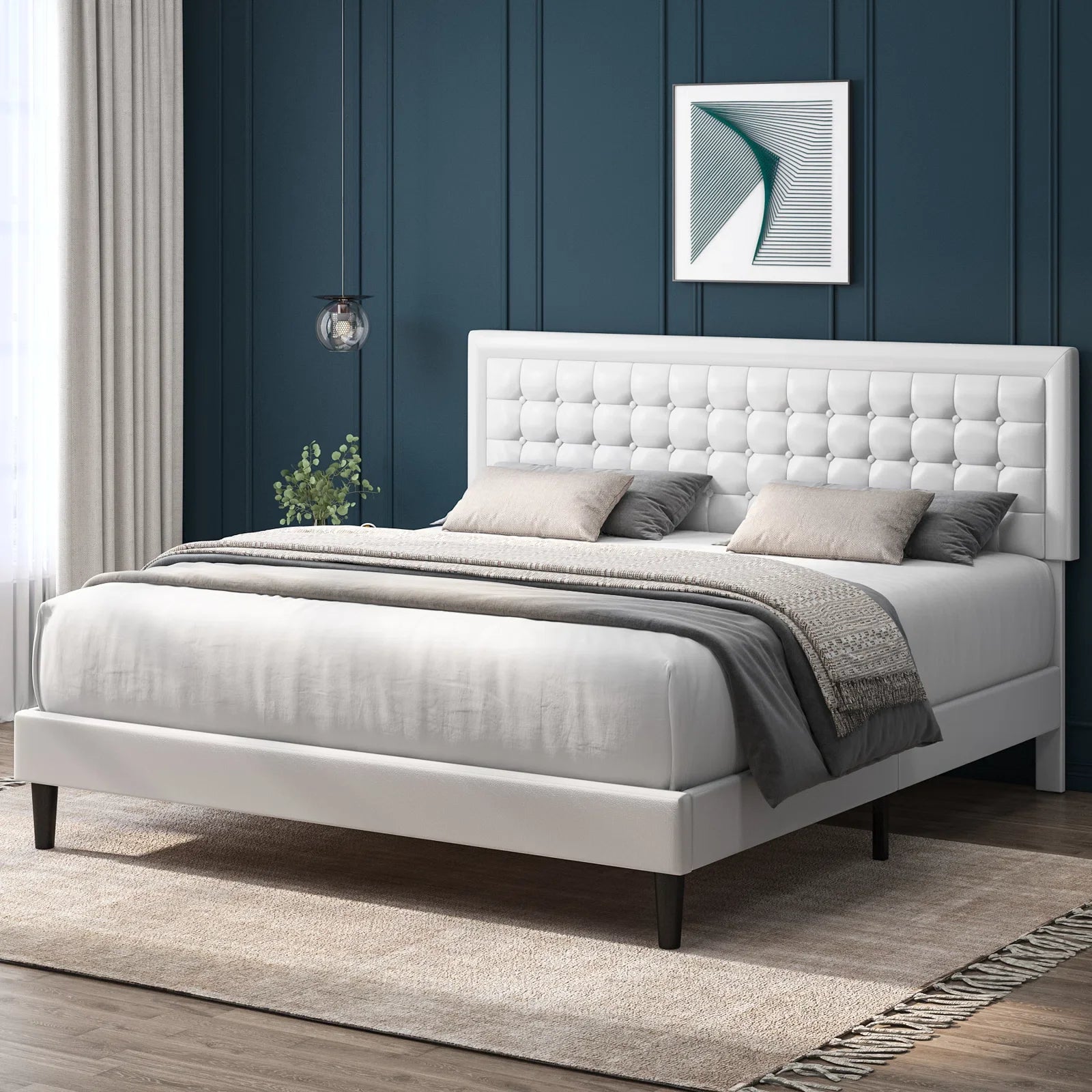 King Bed Frame with PU Leather Upholstered, Modern Platform Bed Frame with Adjustable Headboard, White