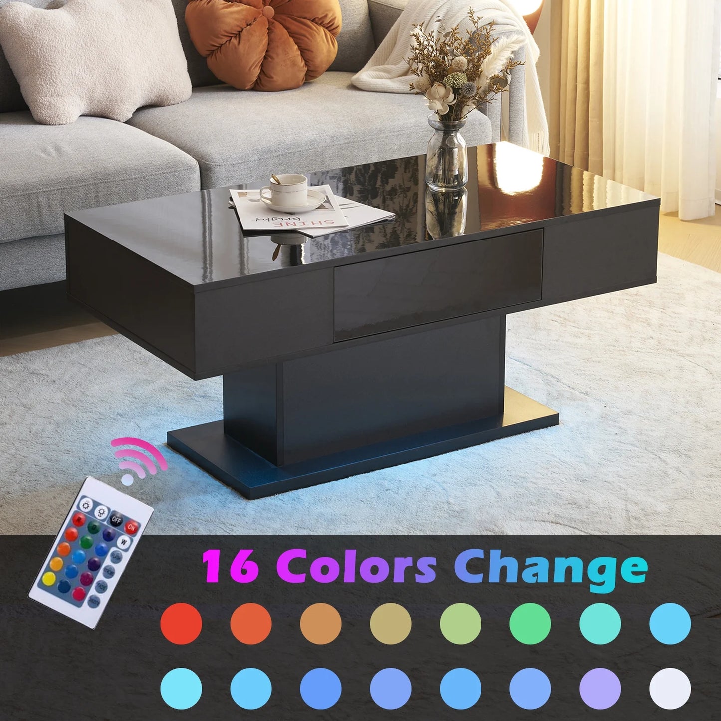 LED Coffee Table with Storage Shelf and 2 Drawers, High Gloss Cocktail Table Accent Furniture for Living Room 43.3" White