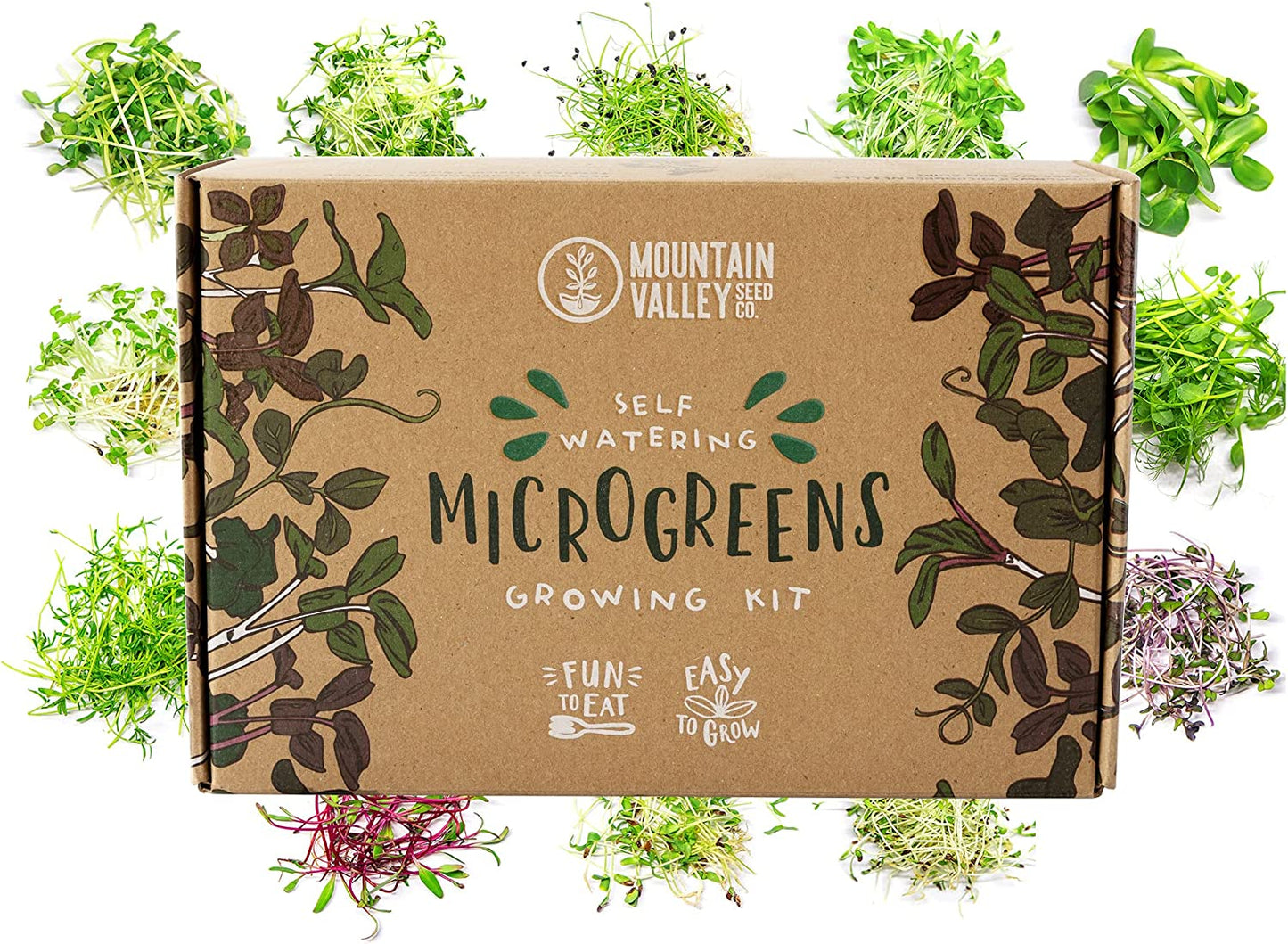 Self Watering Indoor Microgreens Kit - Complete Soil Microgreens Growing Kit for Vegetable Seeds & Herb Seeds - Black Sunflower Seeds, Pea Shoots Microgreen Seeds, Swiss Chard Seeds, & Cilantro Seeds