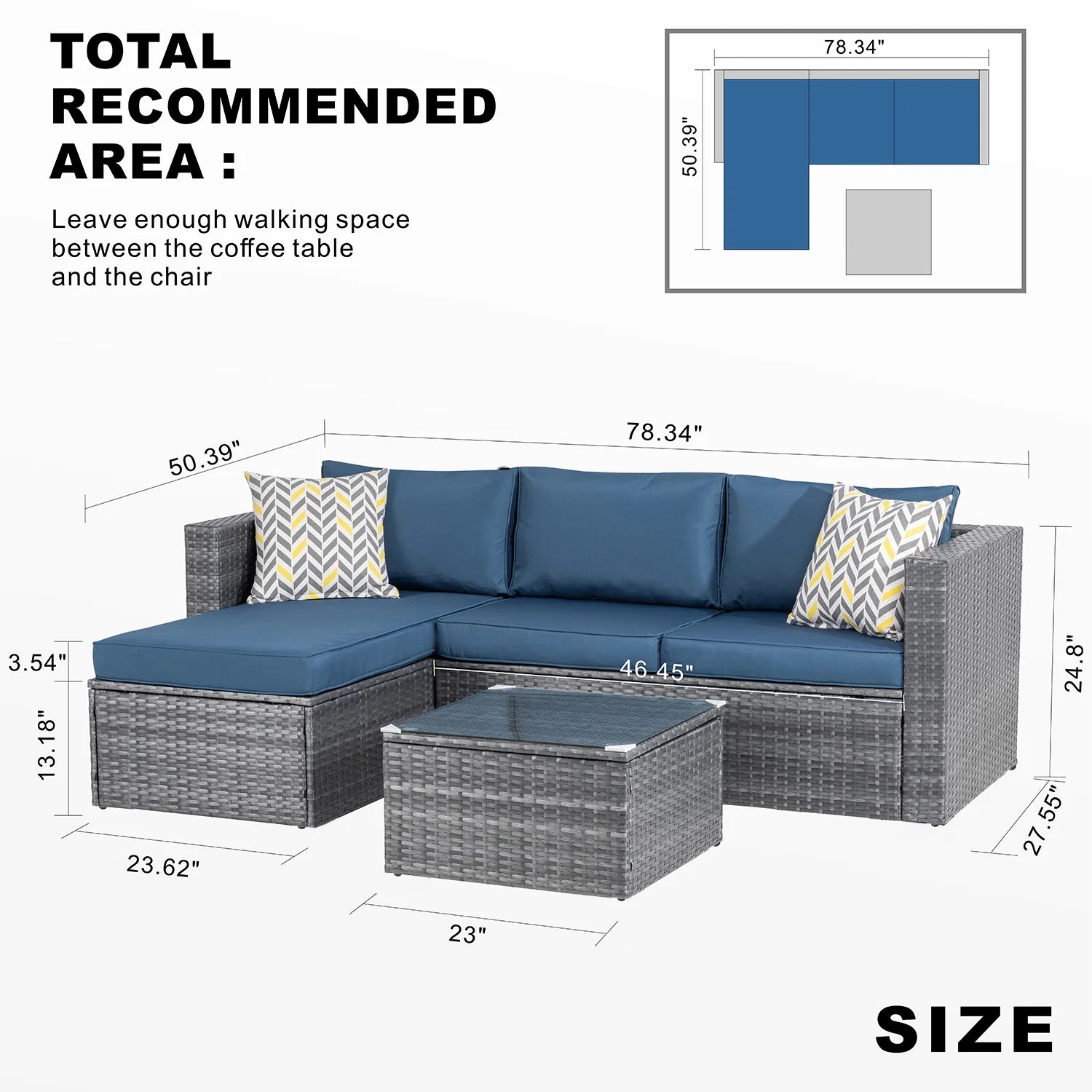 3 Piece Aegean Blue Outdoor Furniture Sectional Sofa Patio Set Silver Gray Rattan Wicker