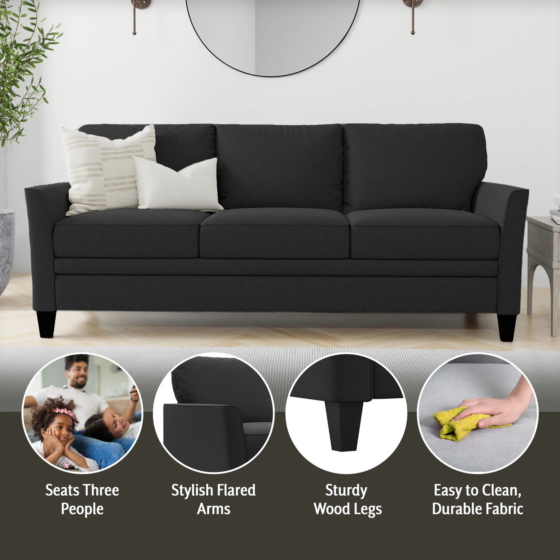 Auden 81" 3 Seat Classic Modern Sofa, Black