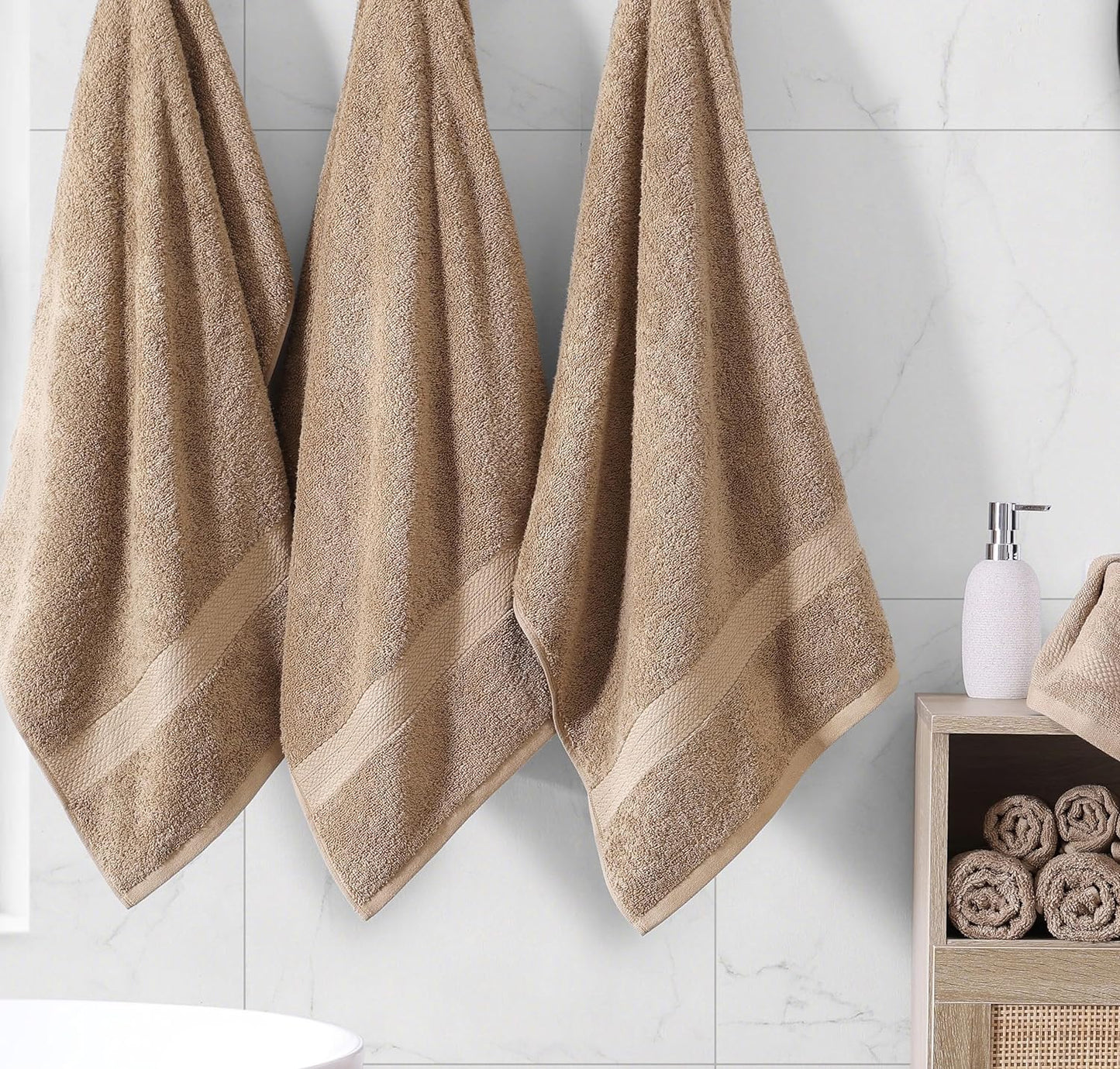 16 Piece Bath Towels - 100% Cotton Towels for Bathroom, Premium Quality Hotel Towels, Highly Absorbent Bathroom Towel Set, Super Soft, 4 Bath Towels, 4 Hand Towels, and 8 Wash Cloths - Taupe