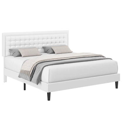 King Bed Frame with PU Leather Upholstered, Modern Platform Bed Frame with Adjustable Headboard, White