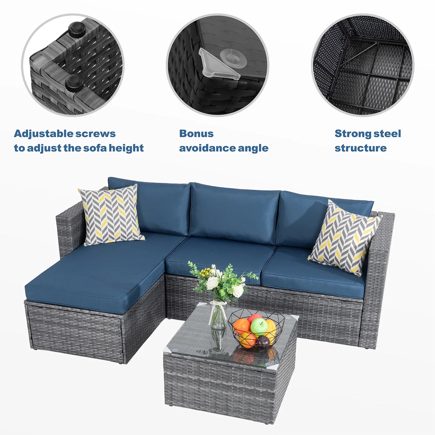 3 Piece Aegean Blue Outdoor Furniture Sectional Sofa Patio Set Silver Gray Rattan Wicker