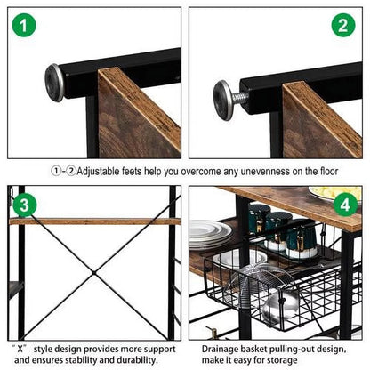 4-Tier Kitchen Utility Storage Shelf Microwave Cart, Industrial Kitchen Baker'S Rack Microwave Oven Stand, Coffee Bar Table Workstation, Rustic Brown