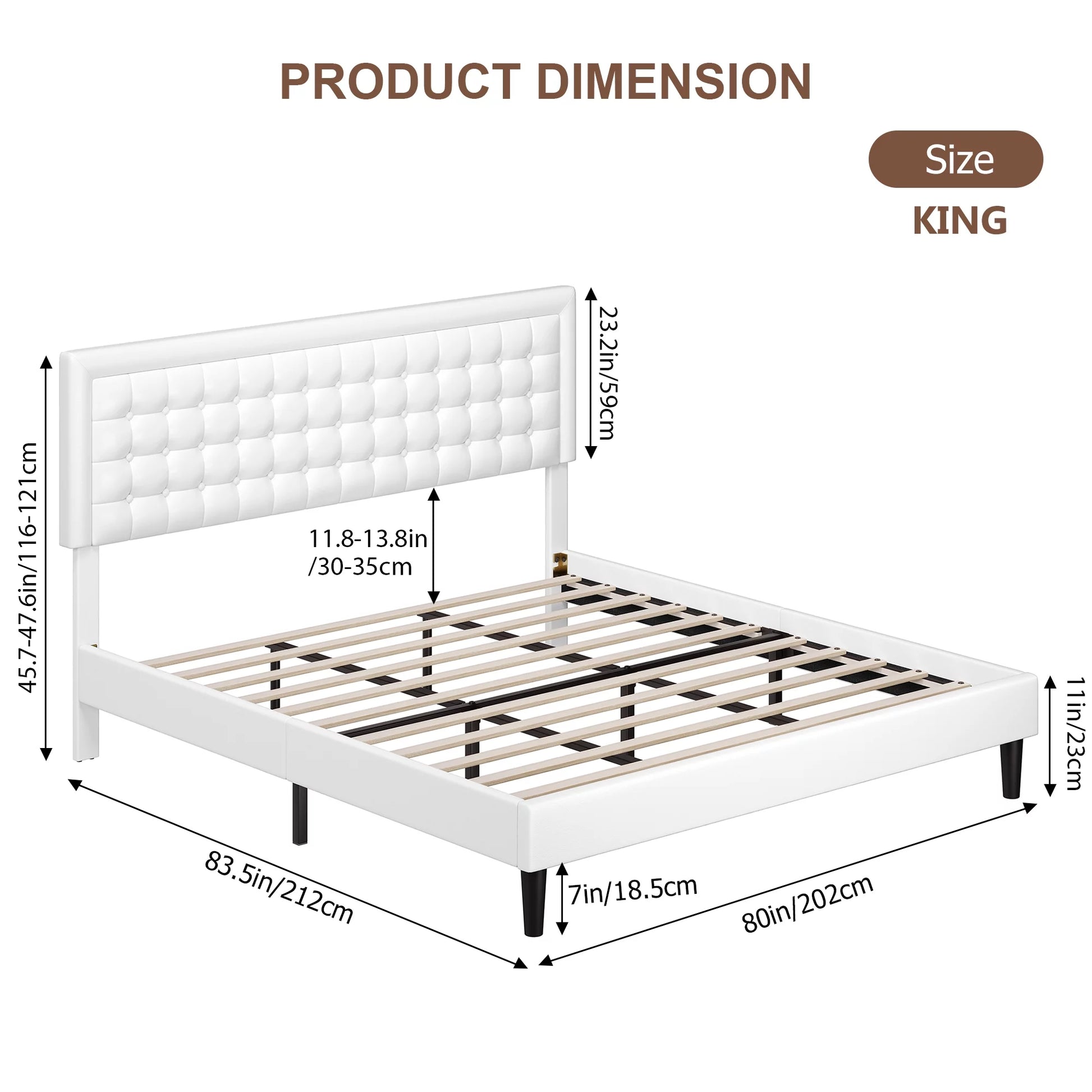 King Bed Frame with PU Leather Upholstered, Modern Platform Bed Frame with Adjustable Headboard, White