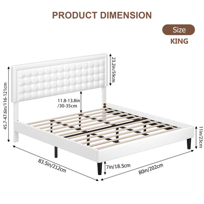 King Bed Frame with PU Leather Upholstered, Modern Platform Bed Frame with Adjustable Headboard, White