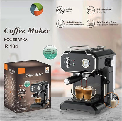 1.5L Espresso Machine with Milk Frother Household Small Automatic Electric Coffee Machine Commercial Steam