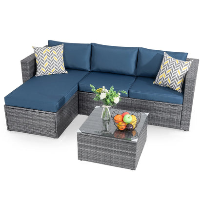 3 Piece Aegean Blue Outdoor Furniture Sectional Sofa Patio Set Silver Gray Rattan Wicker