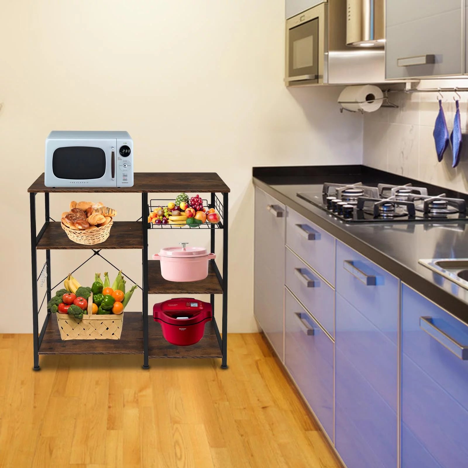 4-Tier Kitchen Utility Storage Shelf Microwave Cart, Industrial Kitchen Baker'S Rack Microwave Oven Stand, Coffee Bar Table Workstation, Rustic Brown