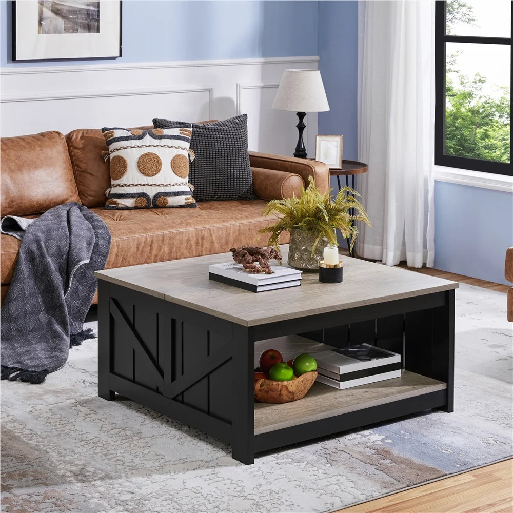 Modern Wooden Square Coffee Table with Storage Shelf for Living Room, Gray